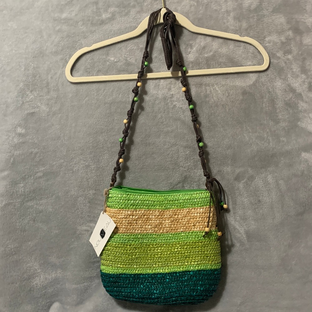 Nouveau Green Striped Straw Medium Crossbody Bag Beaded Strap Green Blue Summer